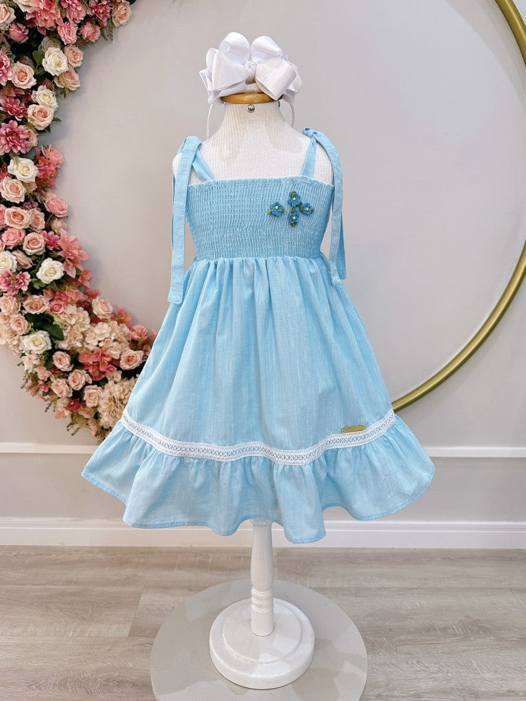 Vestido Infantil Azul Claro 100% Algodão Casual para Festas