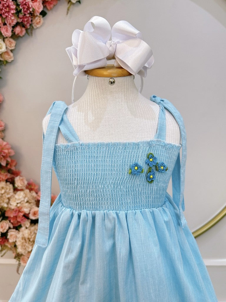 Vestido Infantil Azul Claro 100% Algodão Casual para Festas
