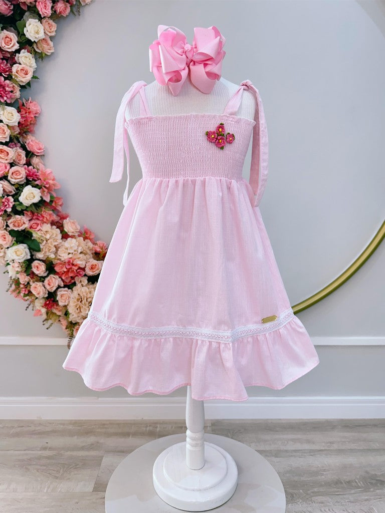 Vestido Infantil Rosa Claro de Alça em Algodão para Festas