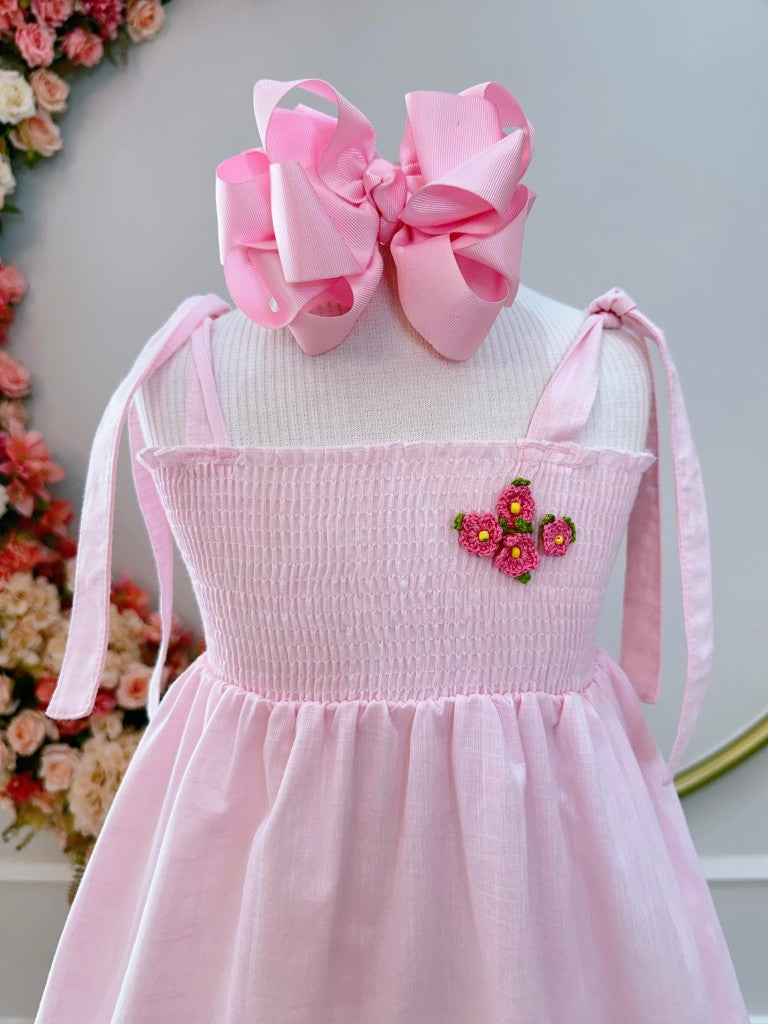 Vestido Infantil Rosa Claro de Alça em Algodão para Festas