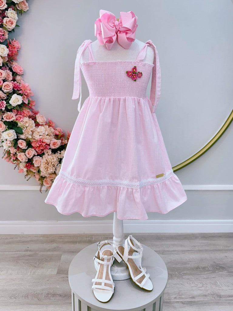 Vestido Infantil Rosa Claro de Alça em Algodão para Festas