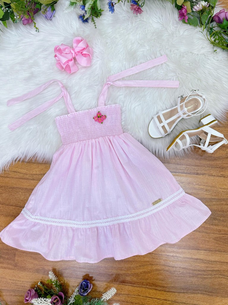 Vestido Infantil Rosa Claro de Alça em Algodão para Festas
