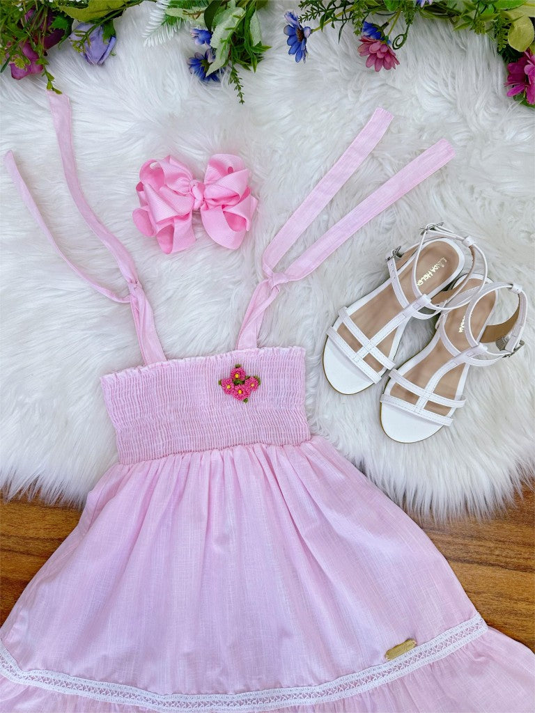 Vestido Infantil Rosa Claro de Alça em Algodão para Festas