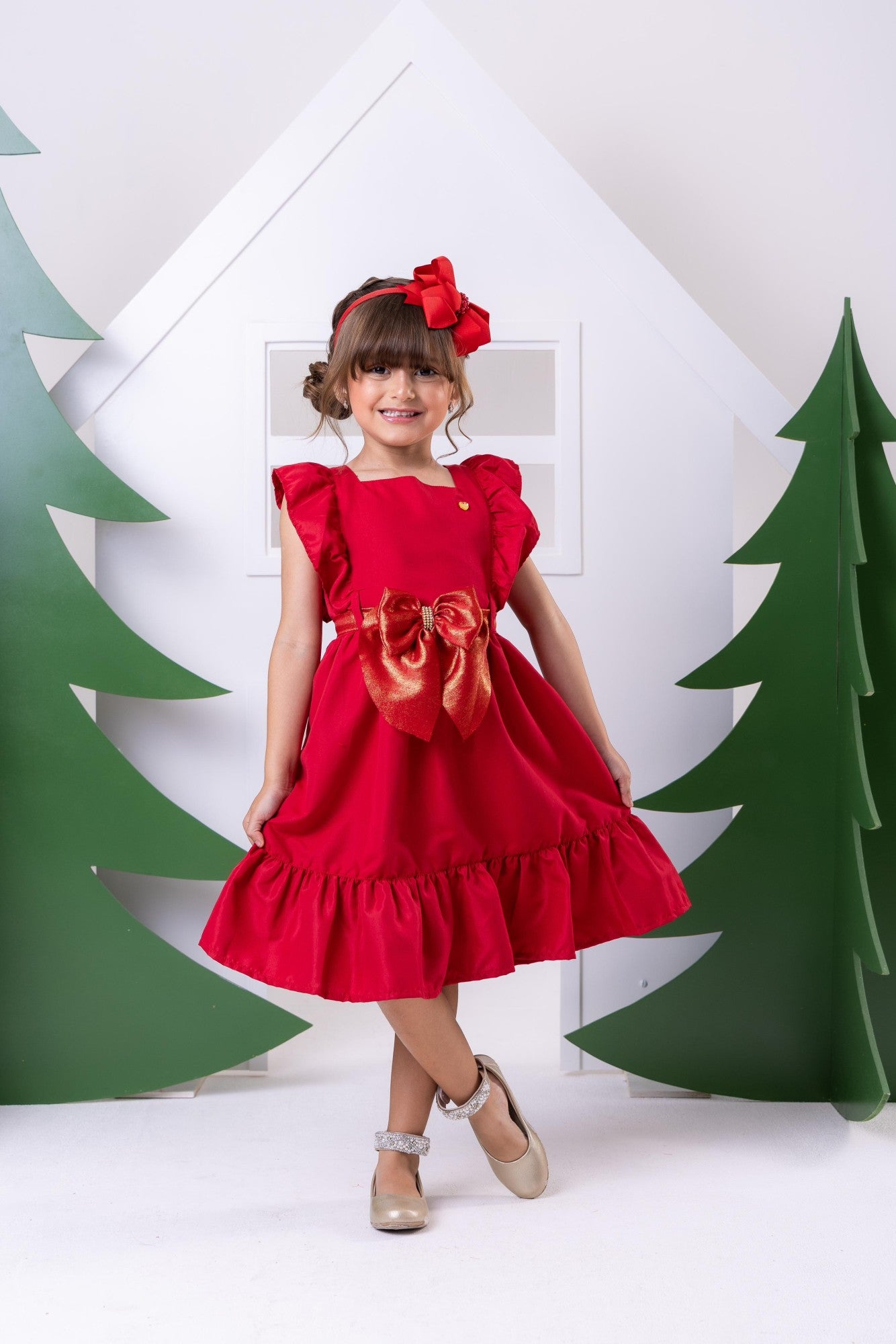 Vestido Vermelho Infantil em Poliéster com Laço - Natal