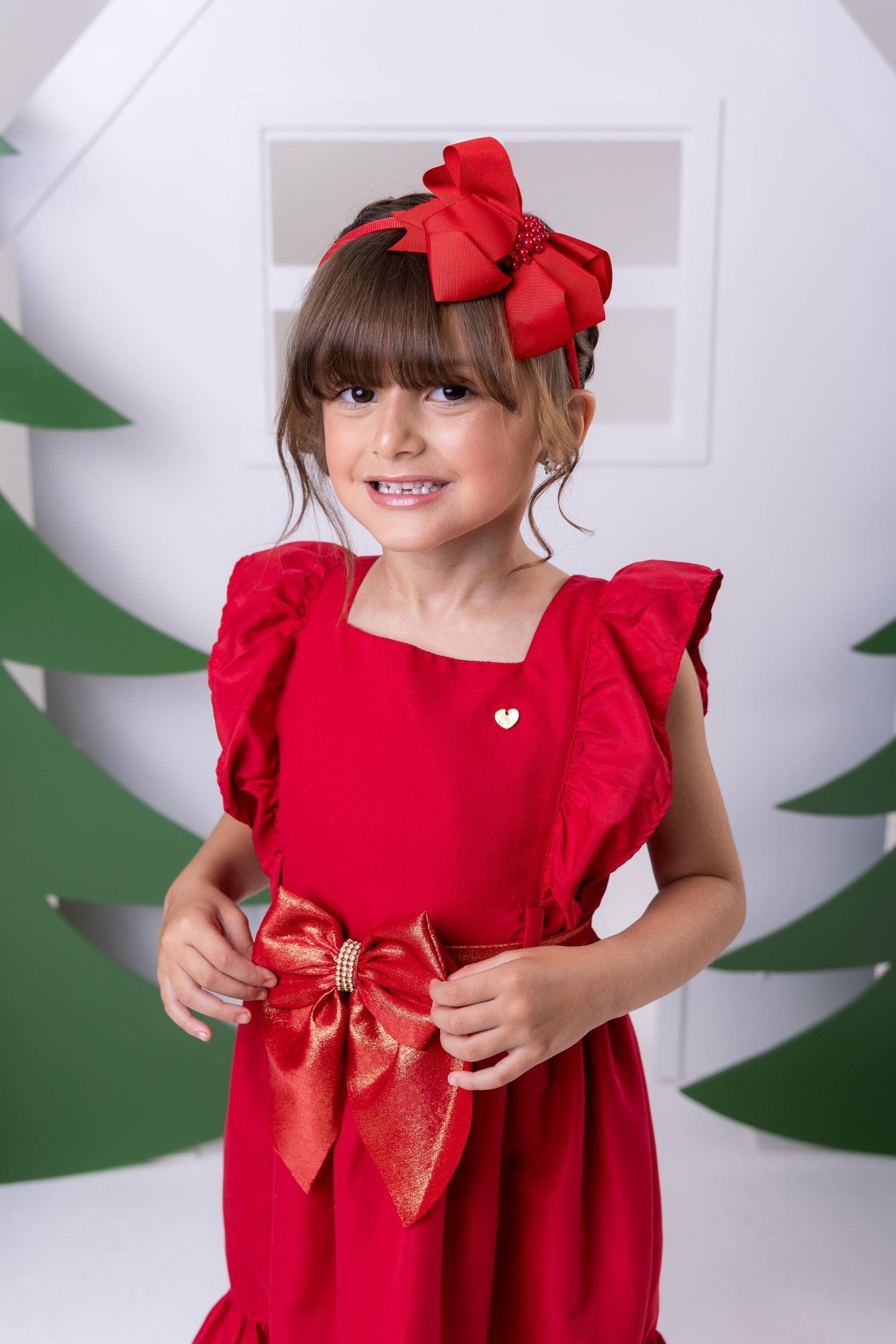 Vestido Vermelho Infantil em Poliéster com Laço - Natal