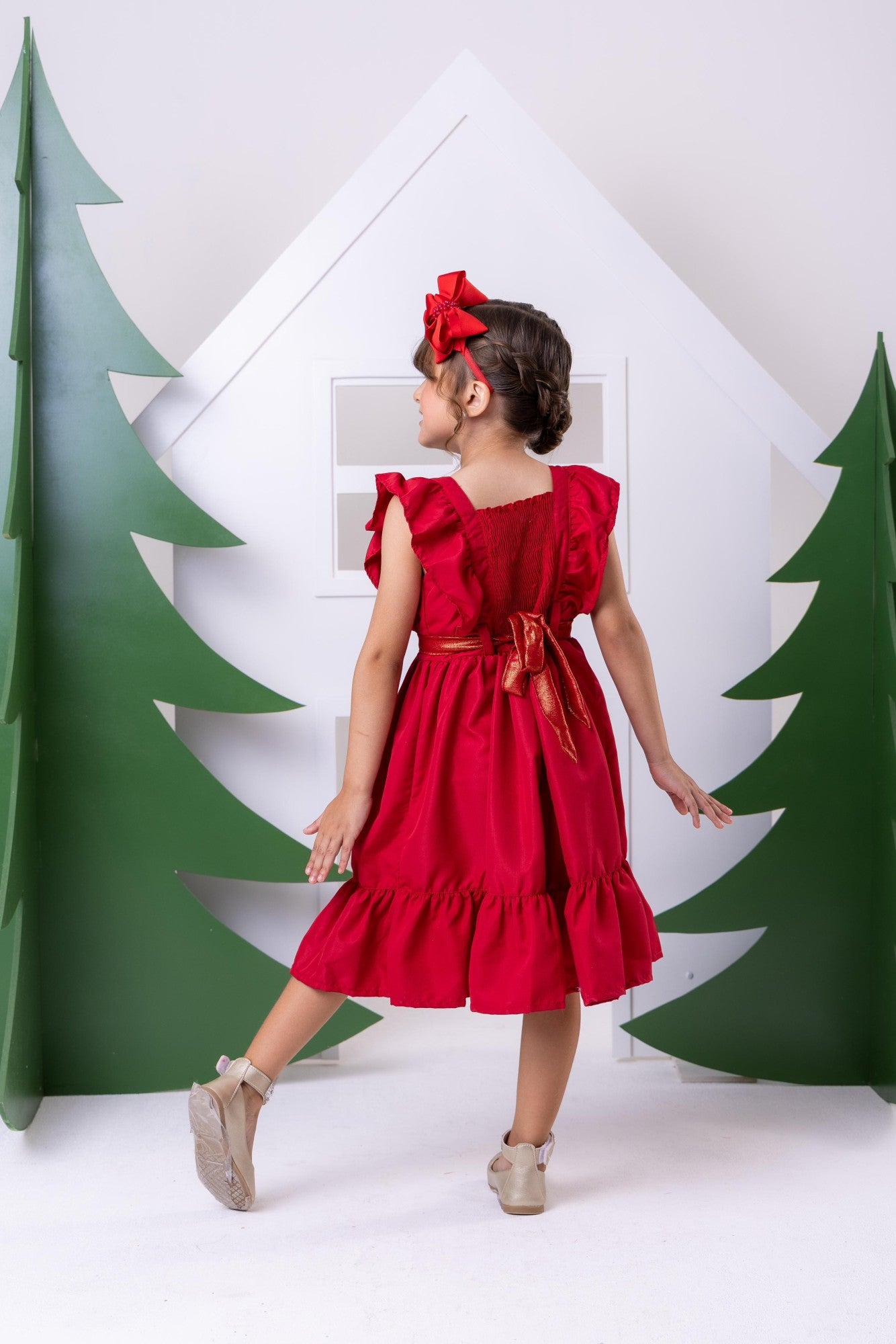 Vestido Vermelho Infantil em Poliéster com Laço - Natal