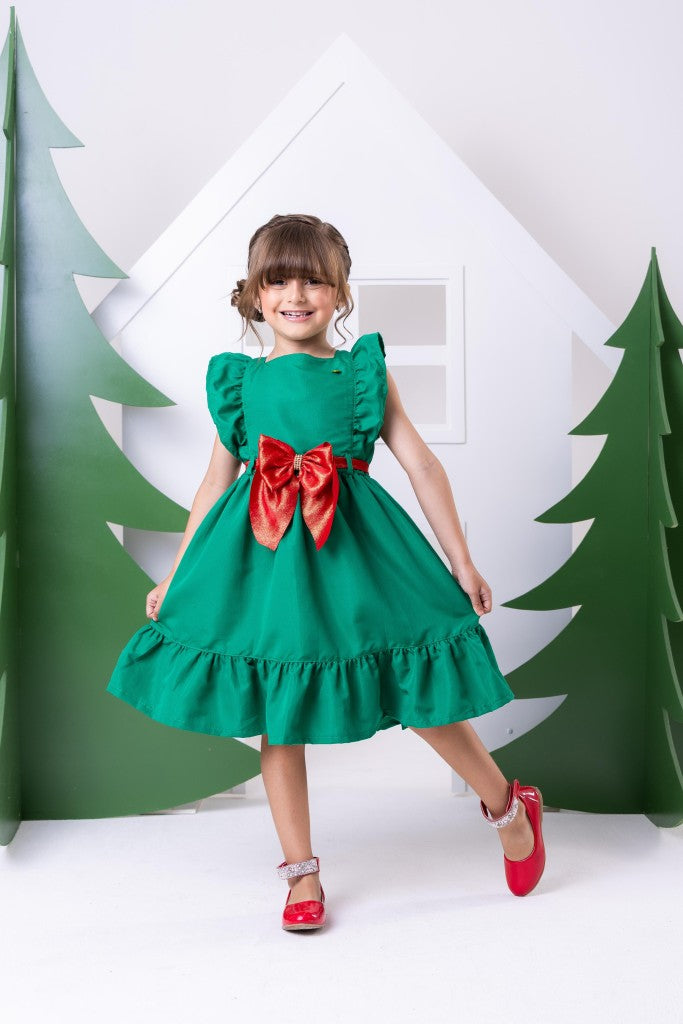 Vestido Verde Infantil em Poliéster com Laço nas Costas