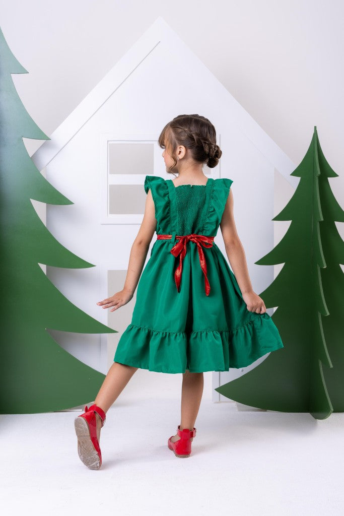 Vestido Verde Infantil em Poliéster com Laço nas Costas