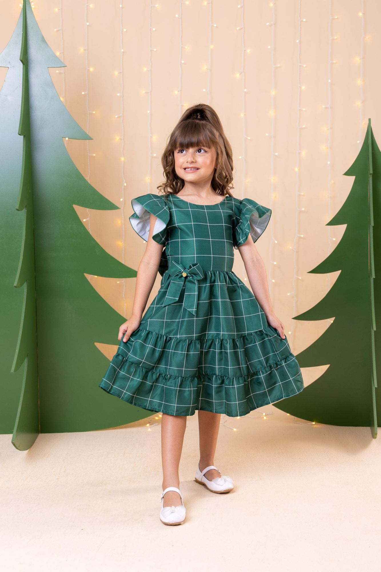 Vestido Infantil Verde em Poliéster com Laço e Gola Reta