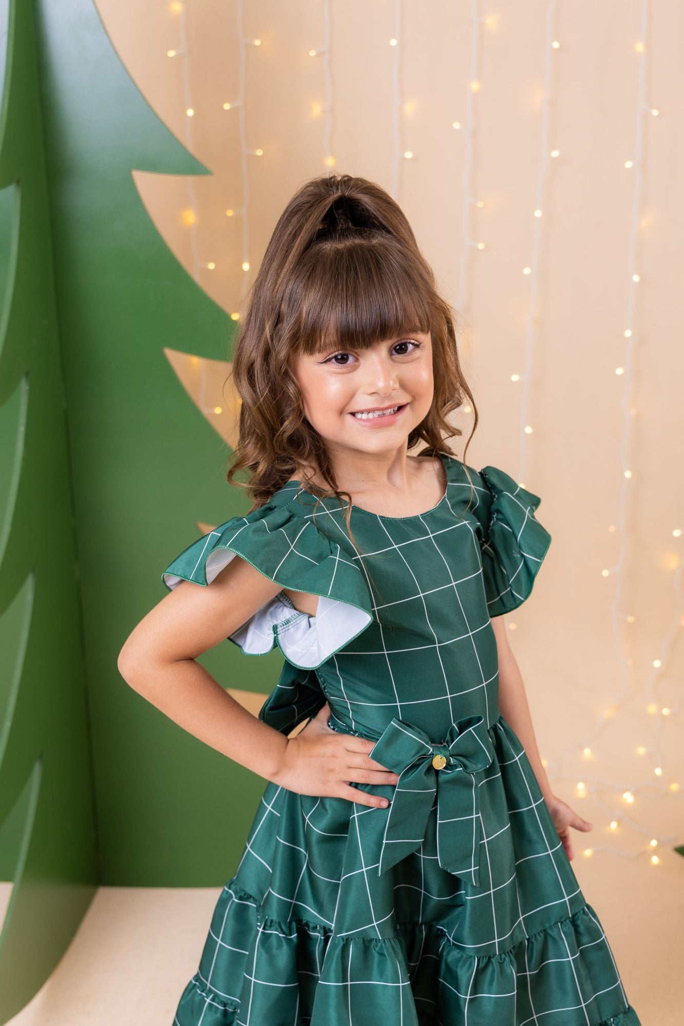 Vestido Infantil Verde em Poliéster com Laço e Gola Reta