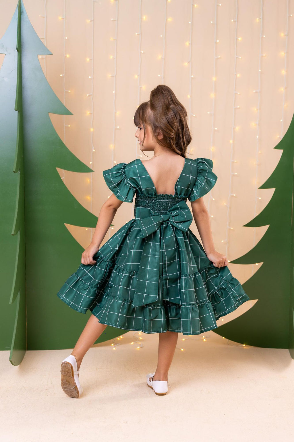 Vestido Infantil Verde em Poliéster com Laço e Gola Reta