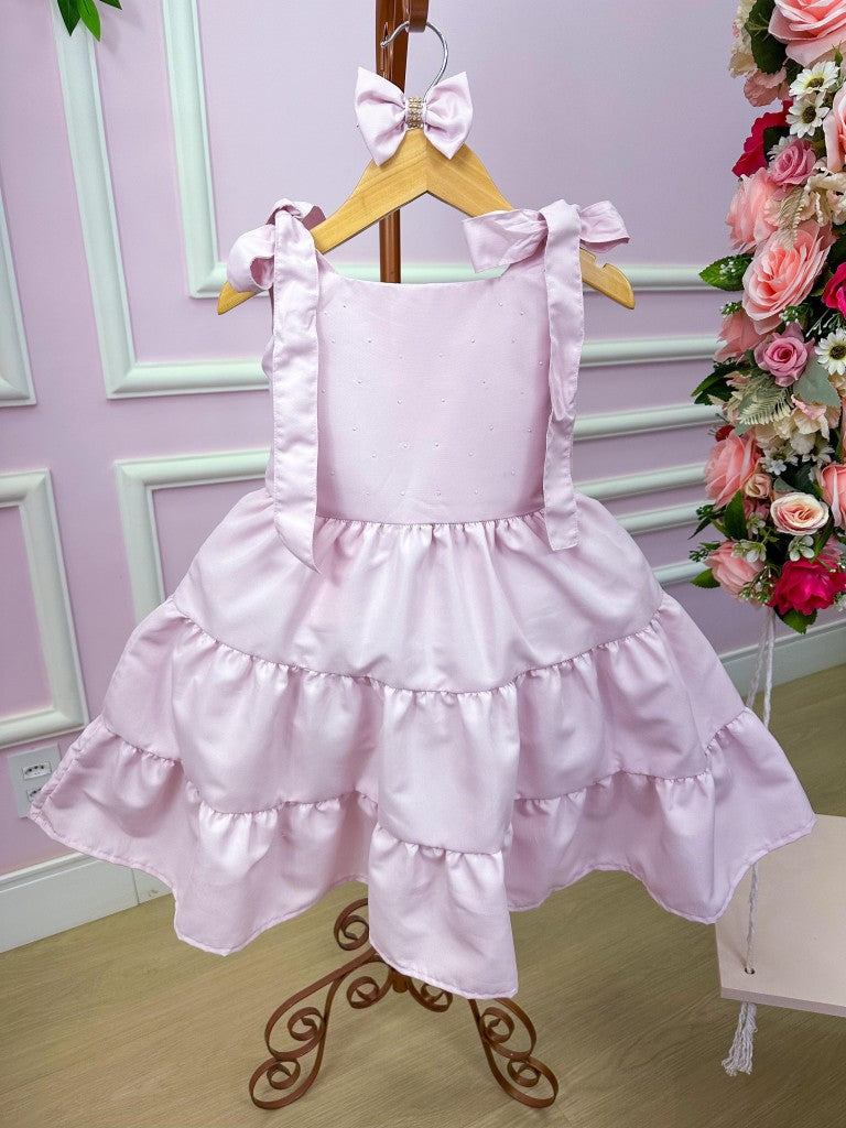 Vestido Rosa com Laço em Tecido 100% Poliéster para Moda Casual Infantil