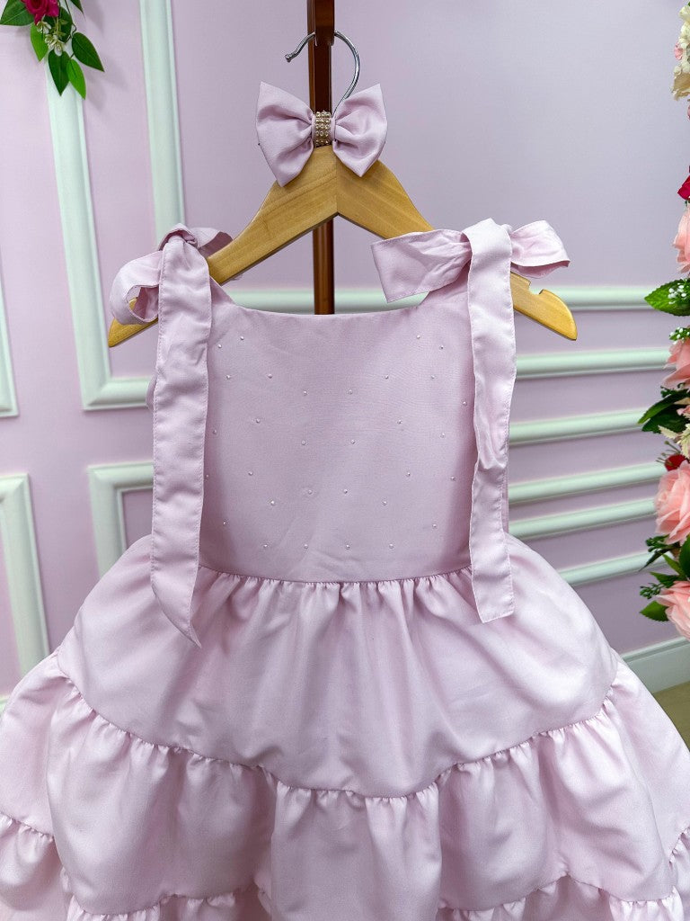 Vestido Rosa com Laço em Tecido 100% Poliéster para Moda Casual Infantil