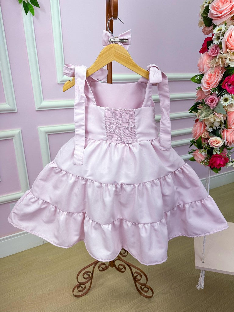 Vestido Rosa com Laço em Tecido 100% Poliéster para Moda Casual Infantil