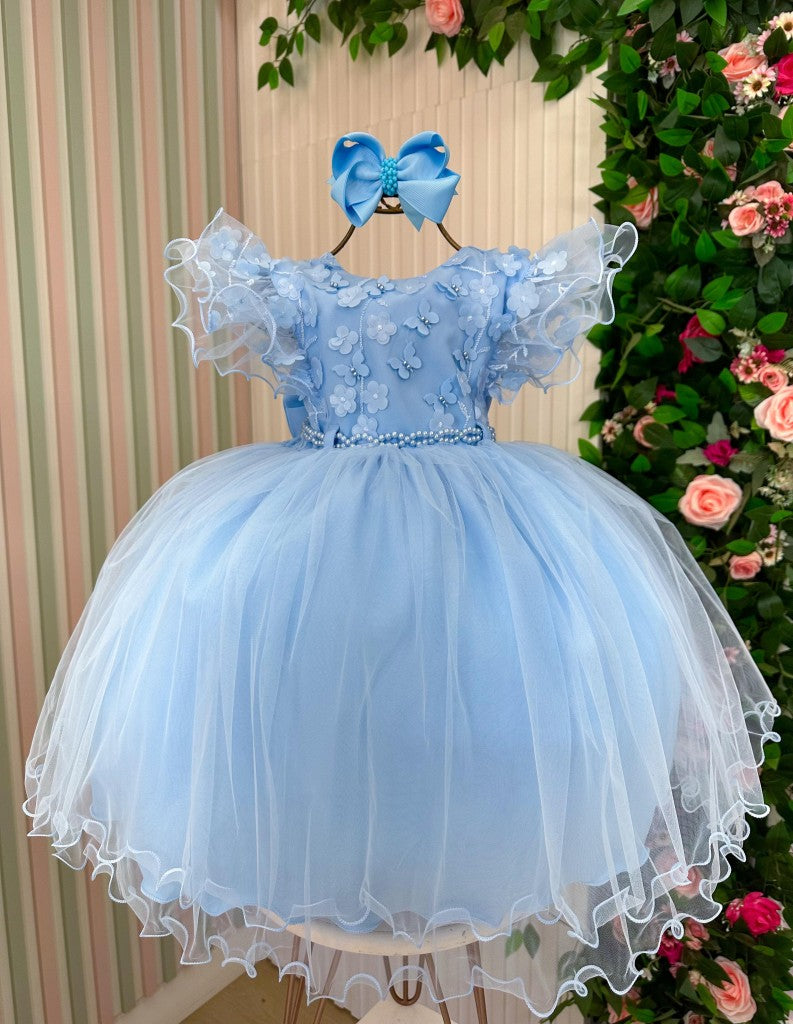 Vestido Infantil Azul Bebê em Tecido Misto com Laço