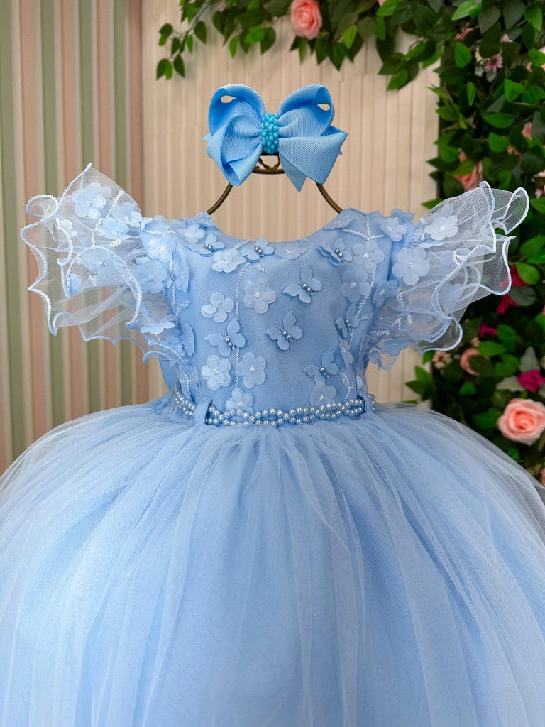 Vestido Infantil Azul Bebê em Tecido Misto com Laço