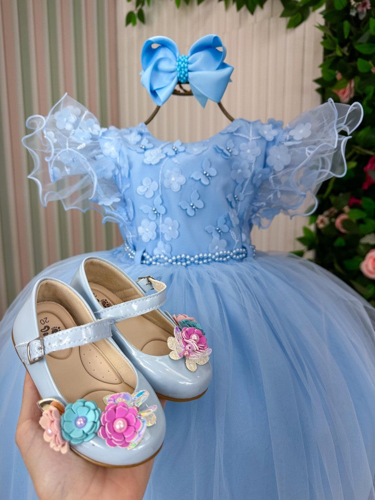 Vestido Infantil Azul Bebê em Tecido Misto com Laço