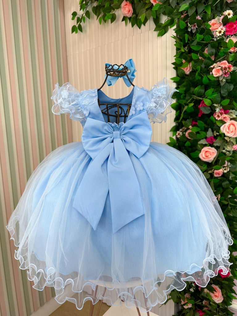 Vestido Infantil Azul Bebê em Tecido Misto com Laço