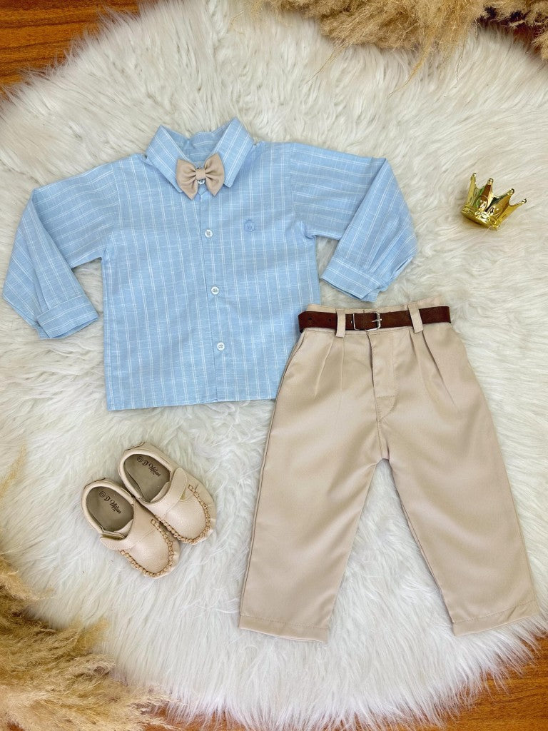 Conjunto Social Luxo Infantil com Camisa de Algodão e Calça de Poliéster Bege