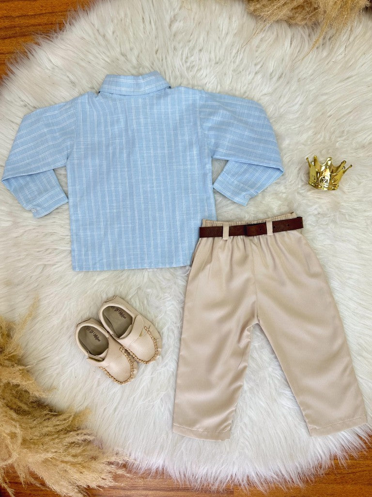 Conjunto Social Luxo Infantil com Camisa de Algodão e Calça de Poliéster Bege