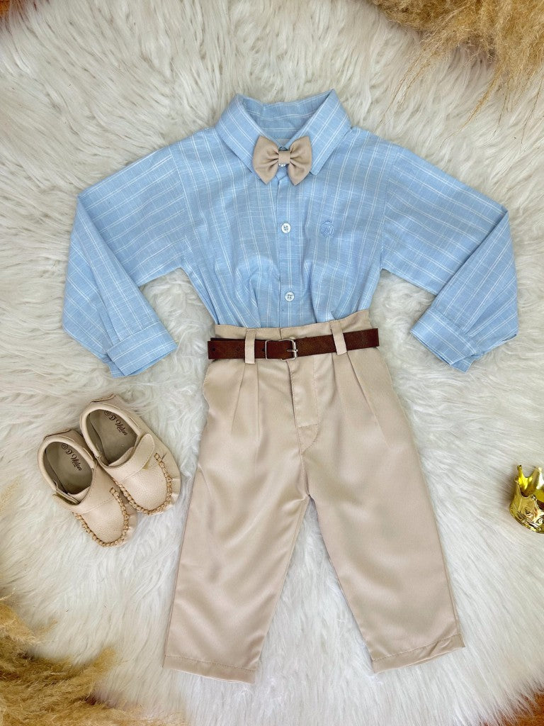 Conjunto Social Luxo Infantil com Camisa de Algodão e Calça de Poliéster Bege
