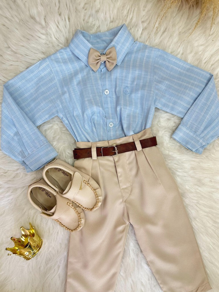 Conjunto Social Luxo Infantil com Camisa de Algodão e Calça de Poliéster Bege