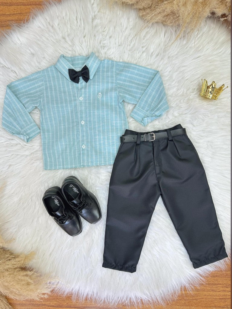 Conjunto Social Luxo Infantil com Camisa de Algodão Verde e Calça de Poliéster Preta