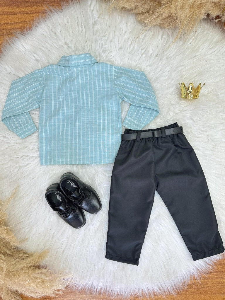 Conjunto Social Luxo Infantil com Camisa de Algodão Verde e Calça de Poliéster Preta
