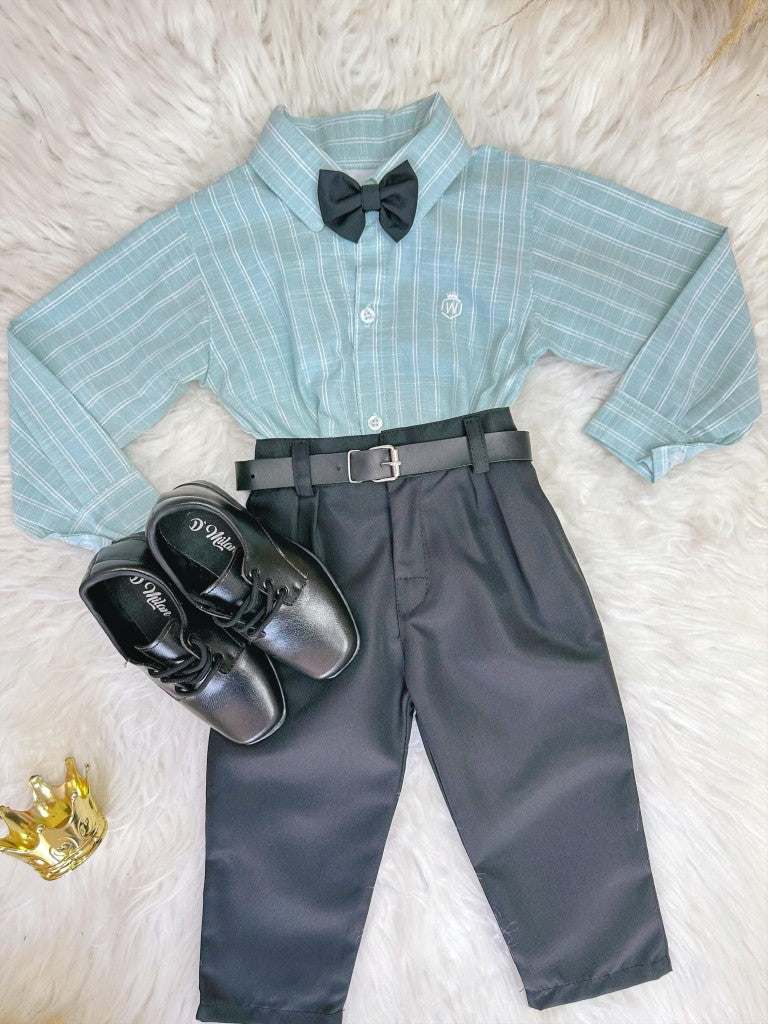 Conjunto Social Luxo Infantil com Camisa de Algodão Verde e Calça de Poliéster Preta