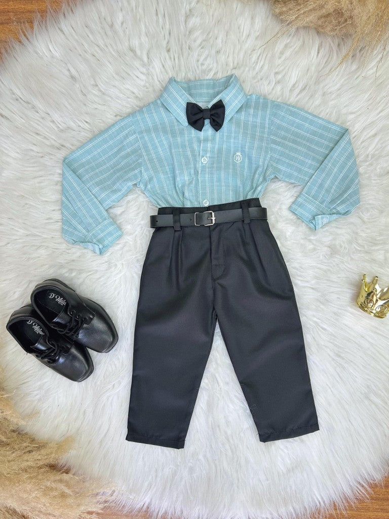Conjunto Social Luxo Infantil com Camisa de Algodão Verde e Calça de Poliéster Preta