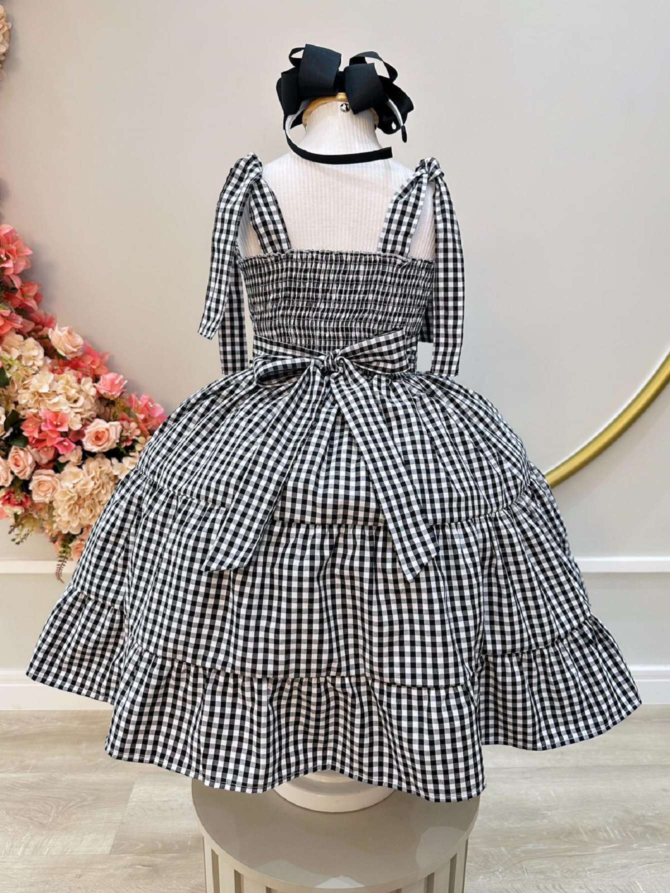 Vestido Infantil Xadrez Preto e Branco para Festa Primavera Verão