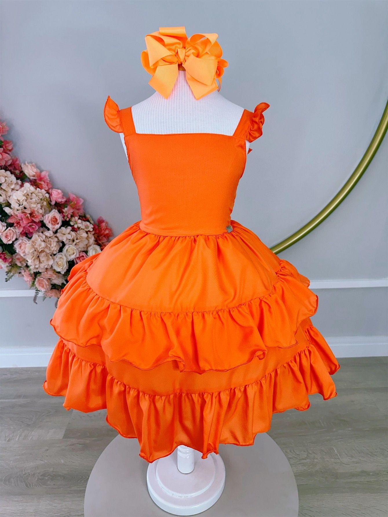 Vestido Infantil Laranja Neon em Crepe com Babado para Verão