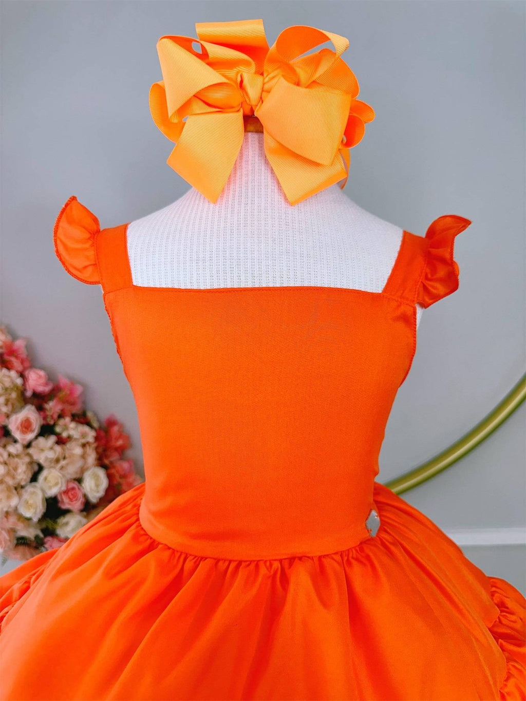 Vestido Infantil Laranja Neon em Crepe com Babado para Verão