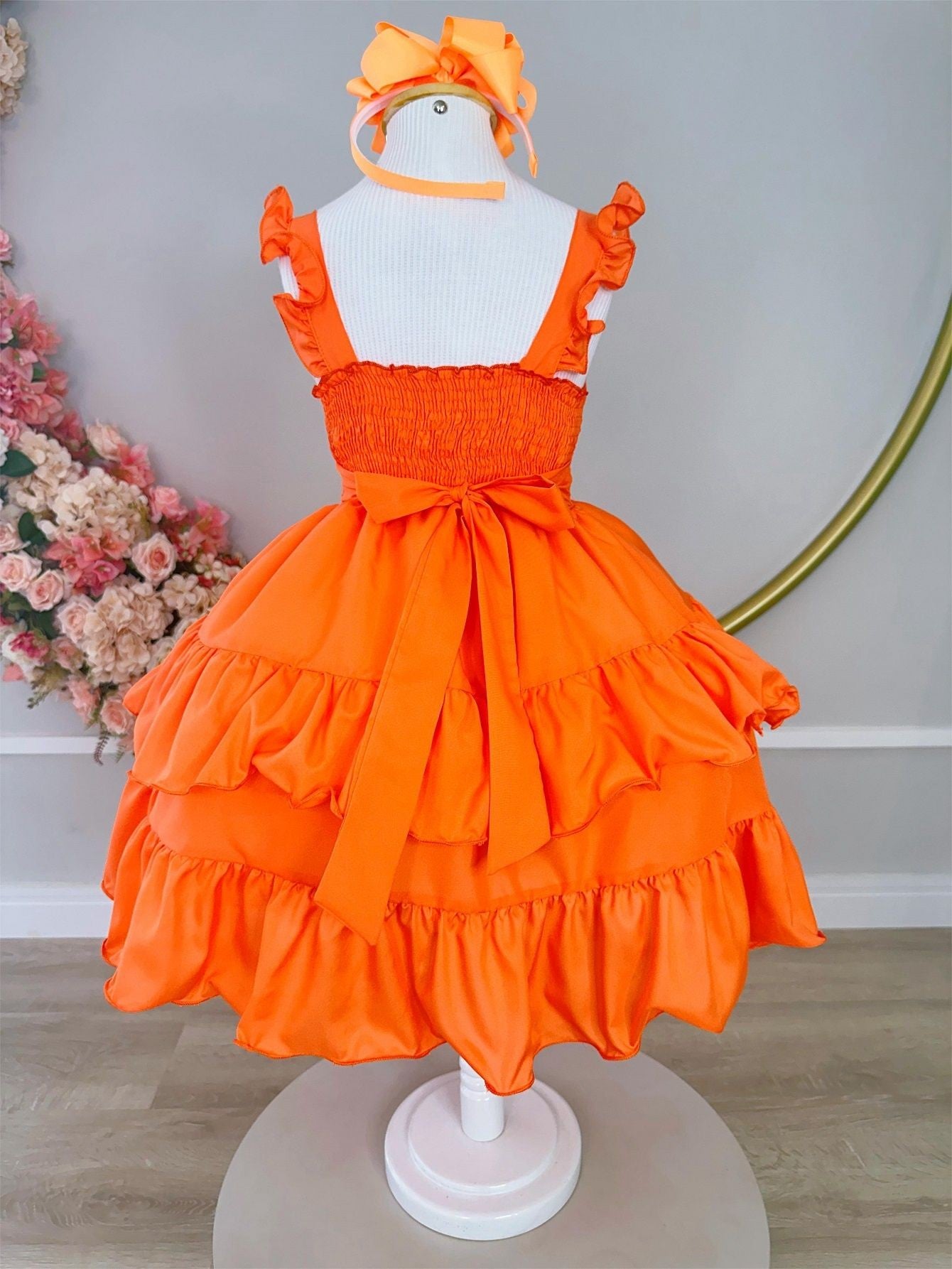 Vestido Infantil Laranja Neon em Crepe com Babado para Verão