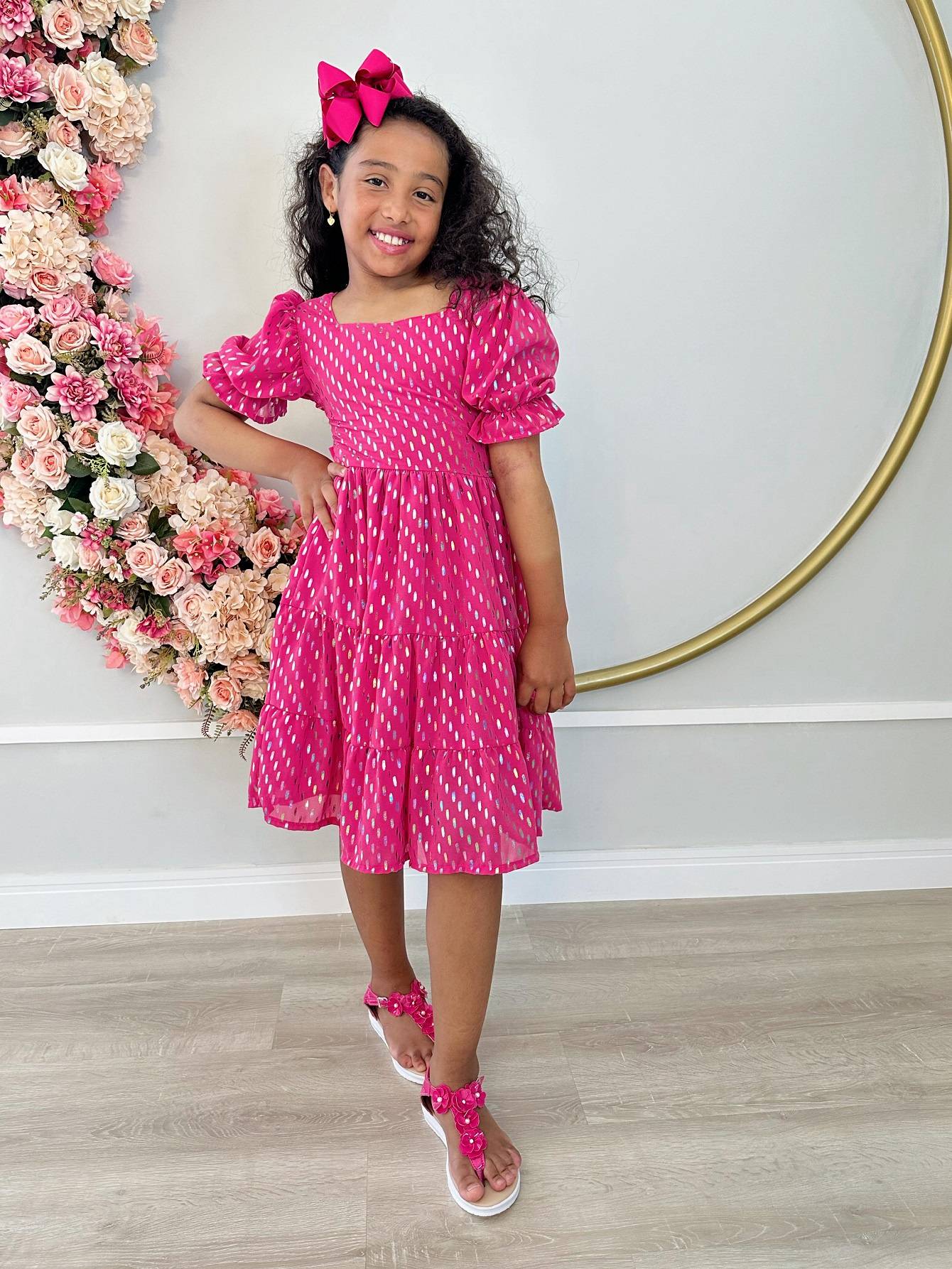 Vestido Infantil Pink Com Riscos Coloridos Para Primavera Verão Casual