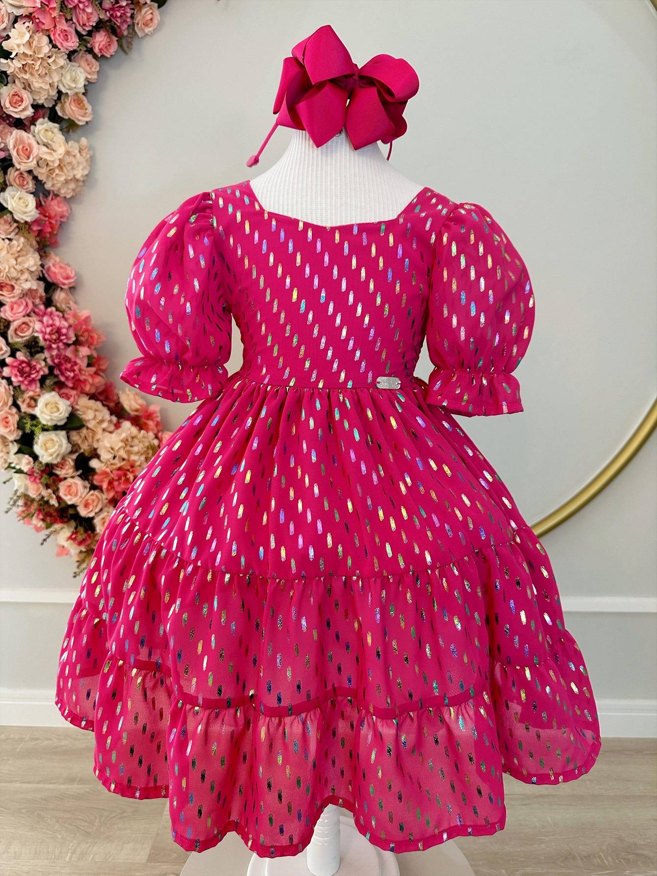 Vestido Infantil Pink Com Riscos Coloridos Para Primavera Verão Casual