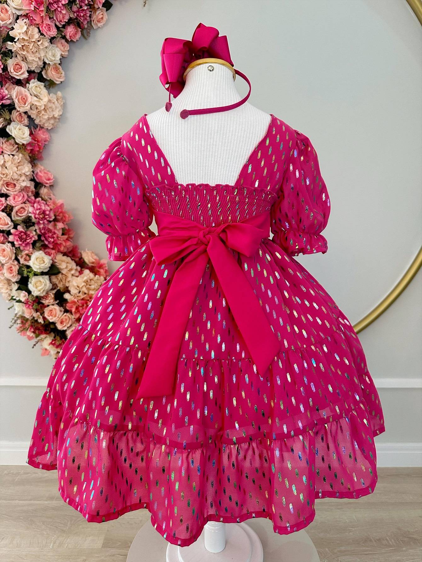 Vestido Infantil Pink Com Riscos Coloridos Para Primavera Verão Casual