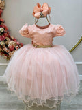 Vestido Infantil Salmão com Bordado e Apliques de Flores e Pérolas