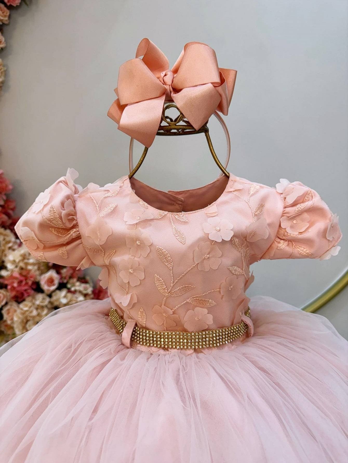 Vestido Infantil Salmão com Bordado e Apliques de Flores e Pérolas