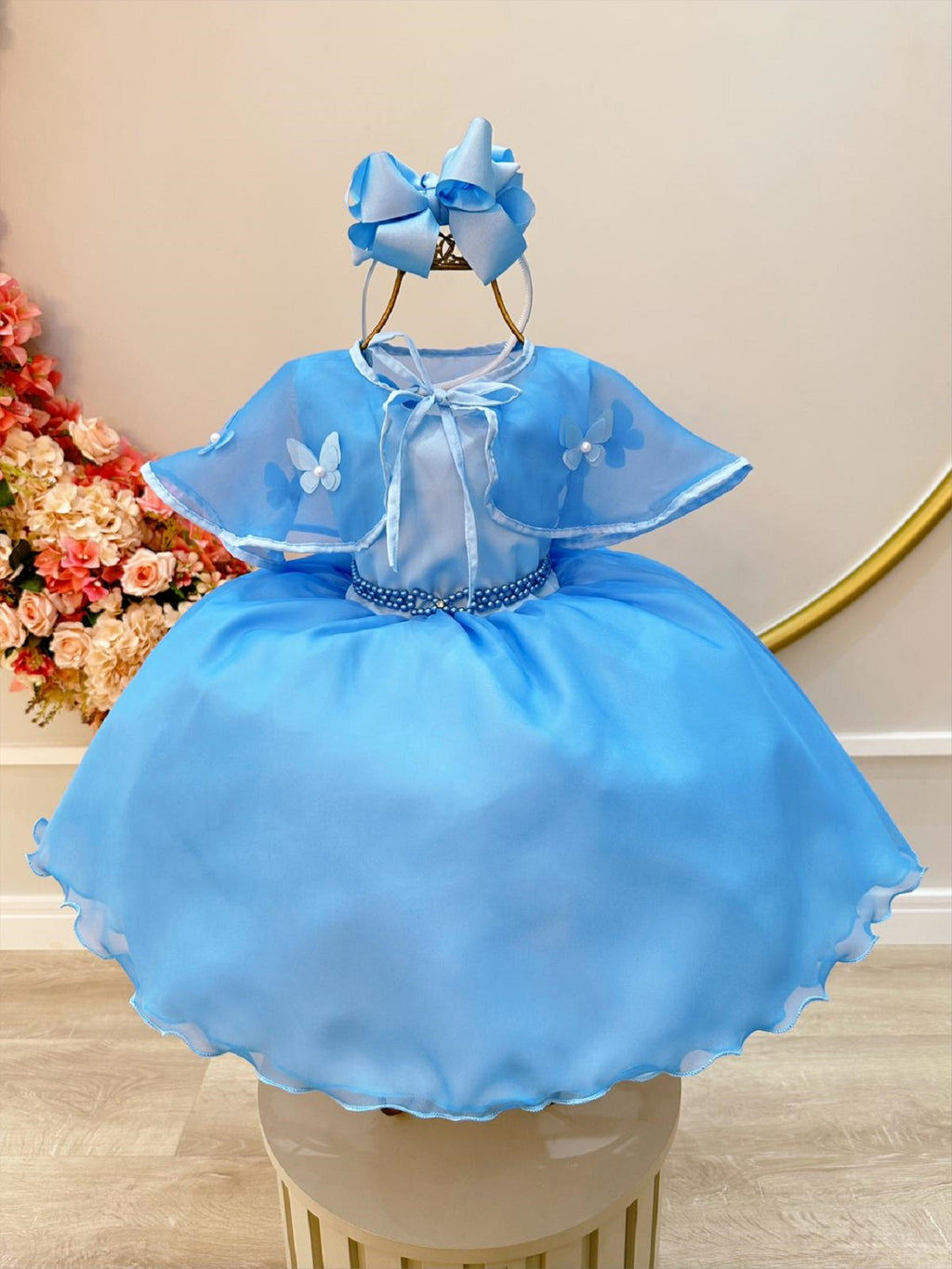 Vestido Infantil Azul Bebê Frozen Tule Com Echarpe Festa