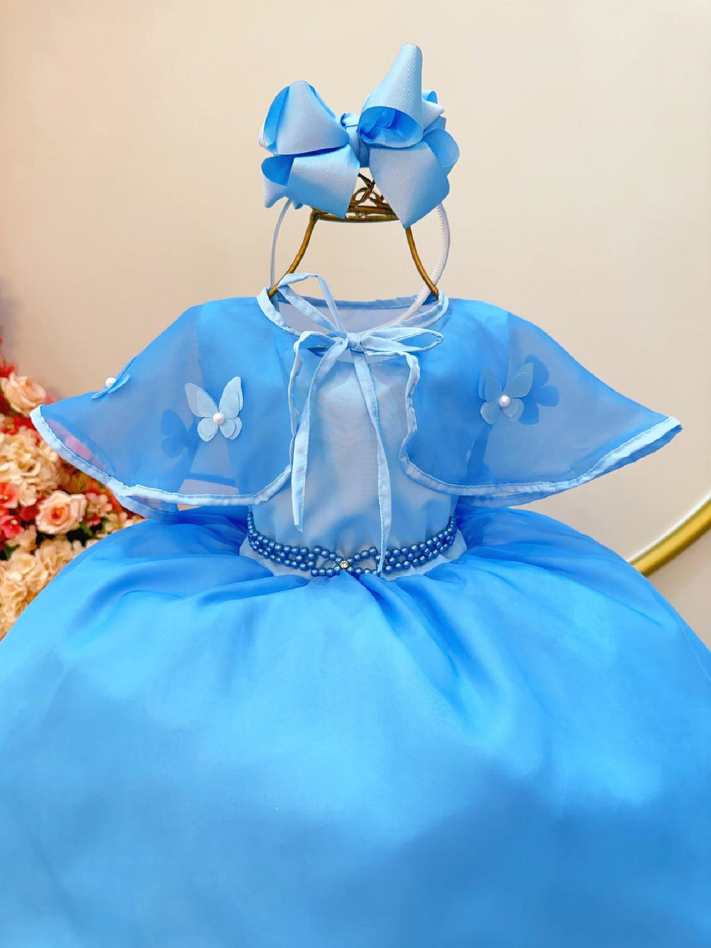 Vestido Infantil Azul Bebê Frozen Tule Com Echarpe Festa