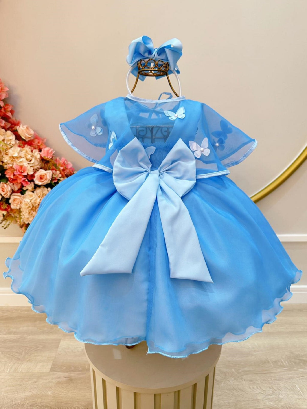 Vestido Infantil Azul Bebê Frozen Tule Com Echarpe Festa