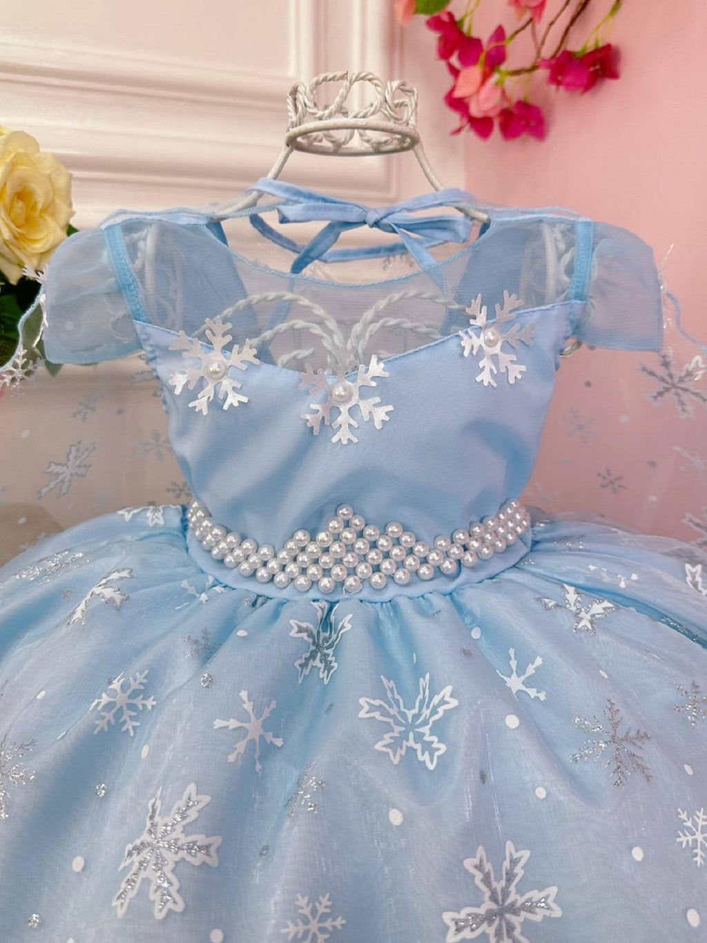 Vestido Infantil Frozen Princesas C/ Capa e Cinto de Pérolas