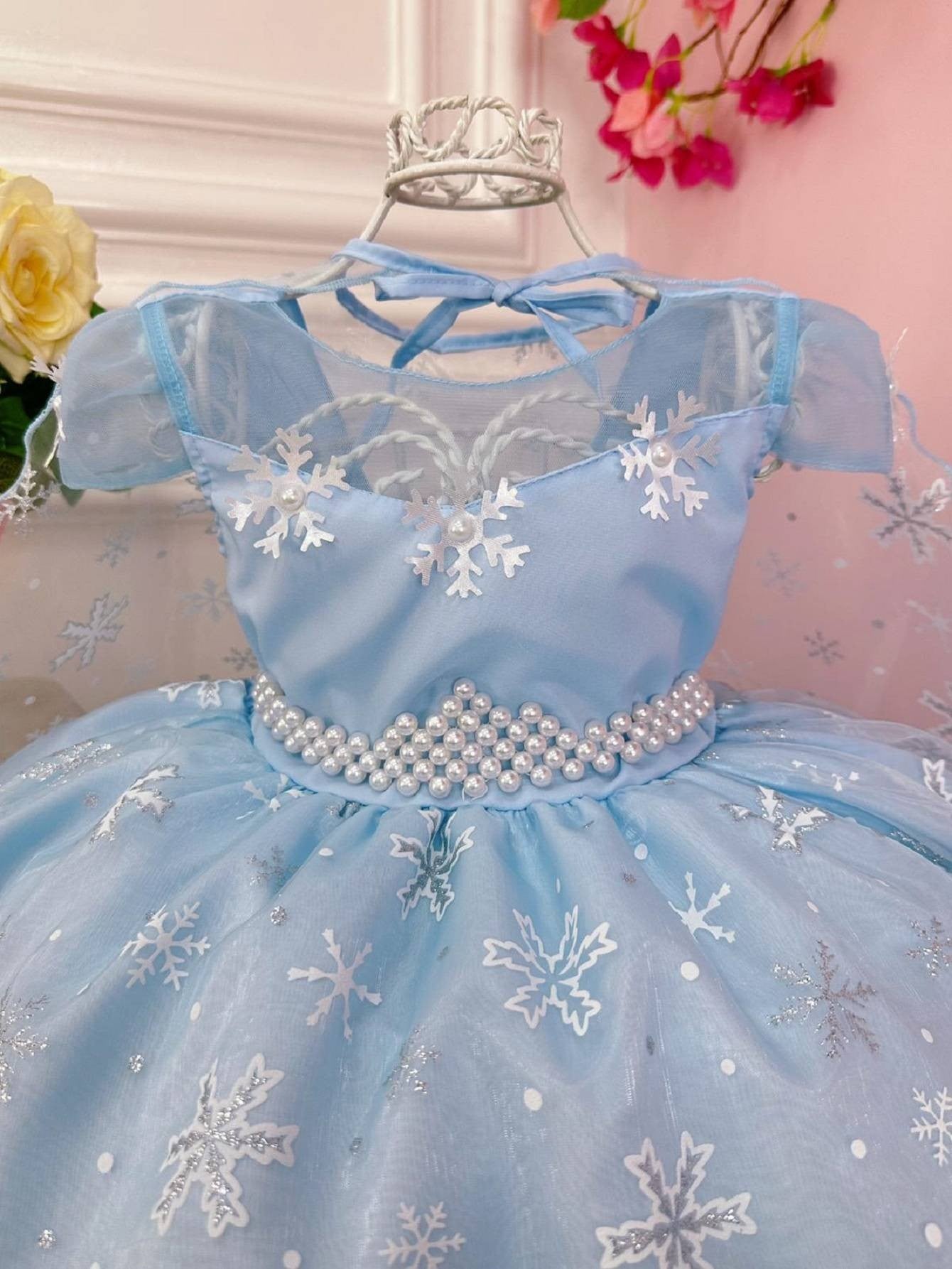 Vestido Infantil Frozen Princesas C/ Capa e Cinto de Pérolas
