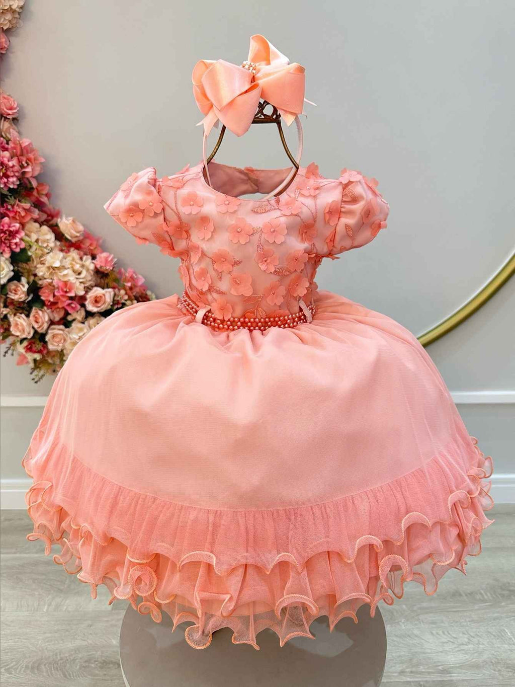 Vestido Infantil Salmão com Apliques de Flores e Renda Luxo