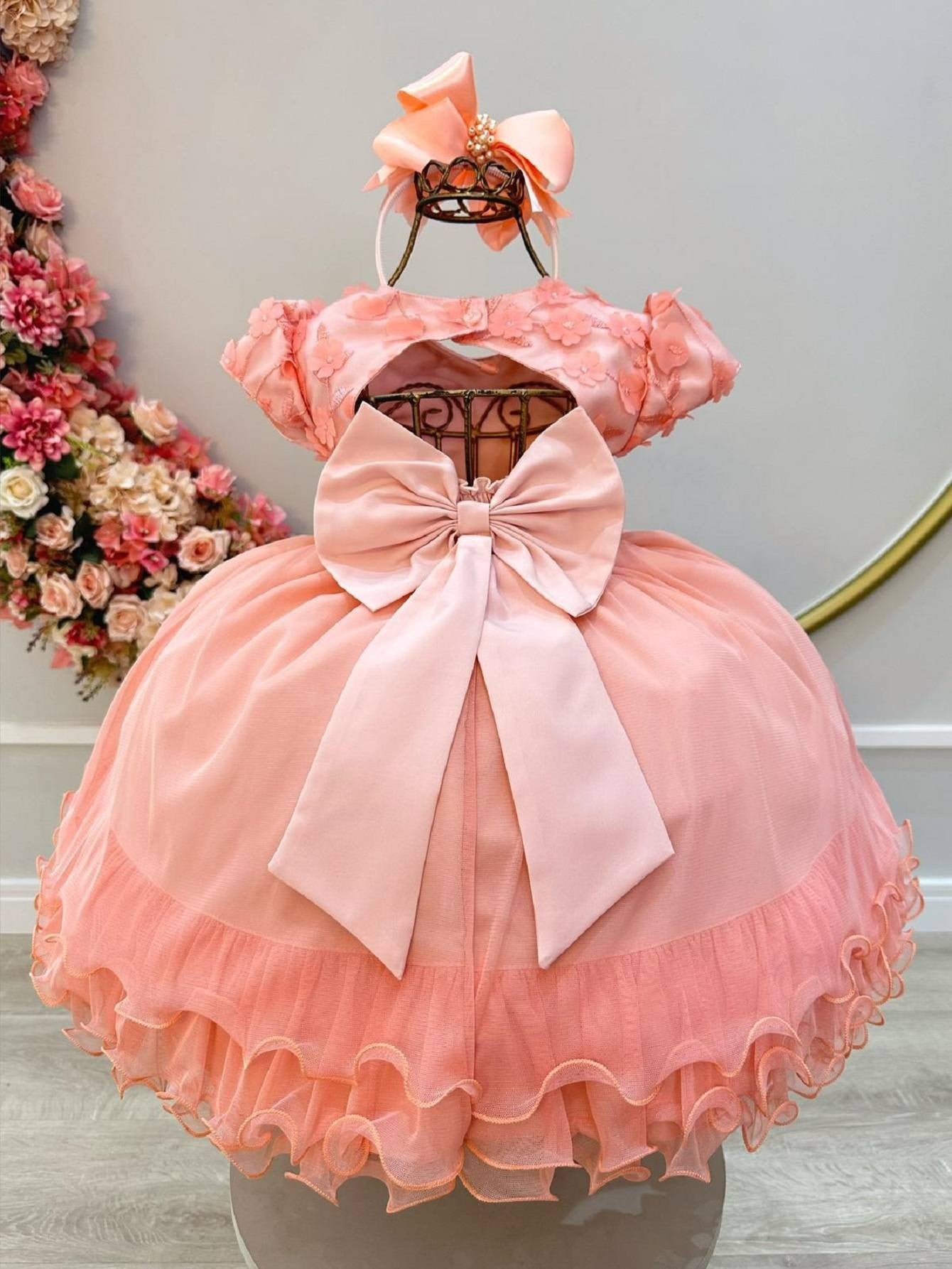 Vestido Infantil Salmão com Apliques de Flores e Renda Luxo
