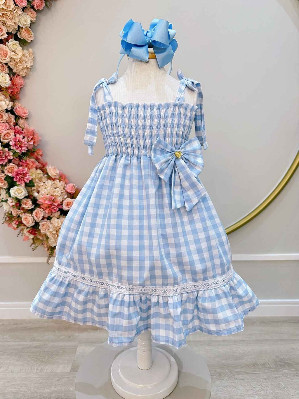 Vestido Infantil Xadrez Azul Claro com Broche Casual