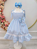 Vestido Infantil Xadrez Azul Claro com Broche Casual