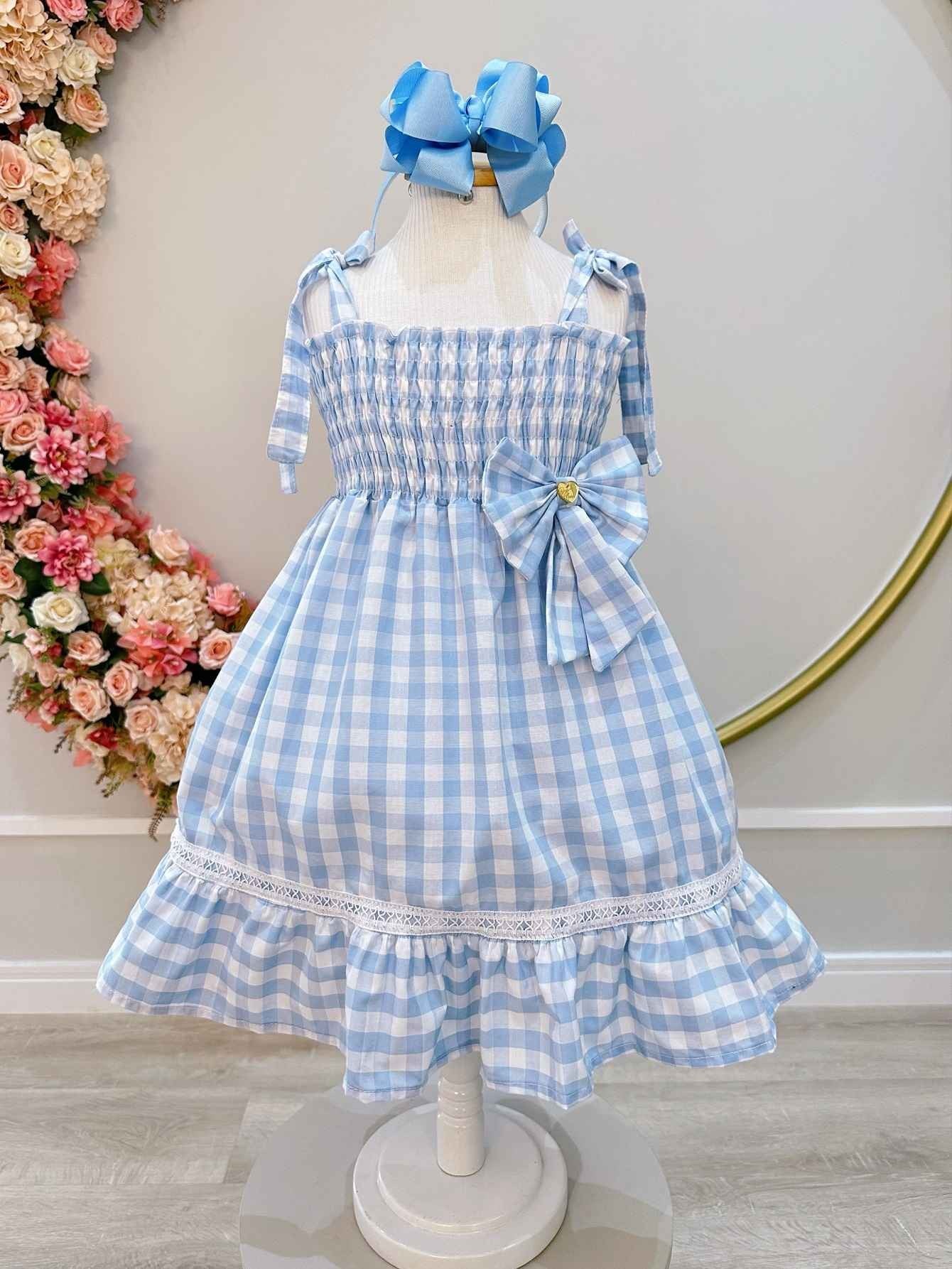 Vestido Infantil Xadrez Azul Claro com Broche Casual