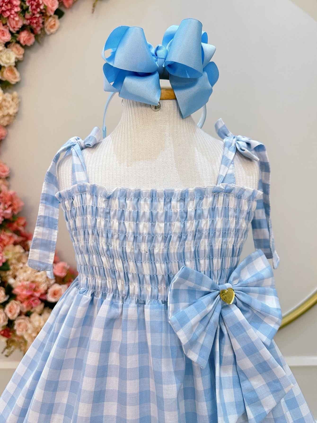 Vestido Infantil Xadrez Azul Claro com Broche Casual
